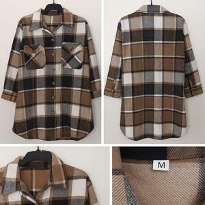 Women's Plaid Button Down Shacket –‎ Size M | Brown Black White Flannel Rustic